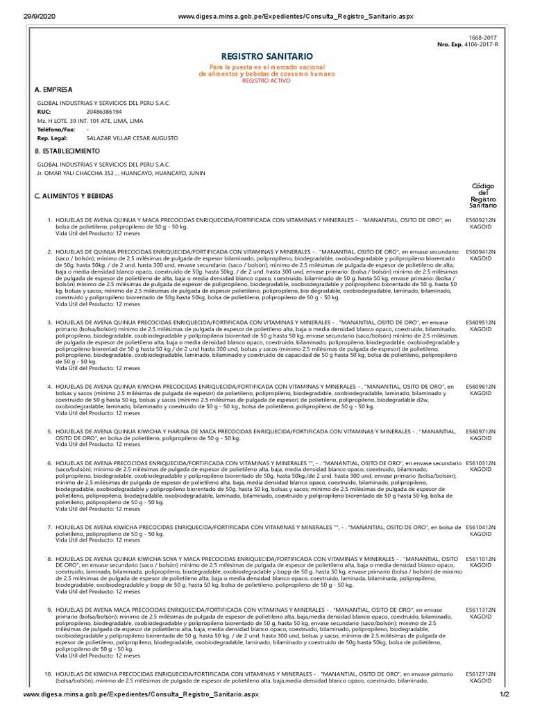 Consulta registro sanitario hojuela de quinua y avena pdf