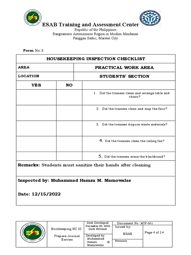Housekeeping Inspection Checklist PDF