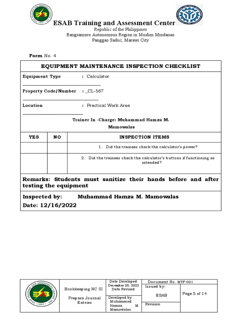 Equipment Maintenance Inspection Checklist PDF