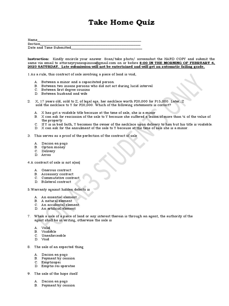 Take Home Quiz | Download Free PDF | Prices | Sales