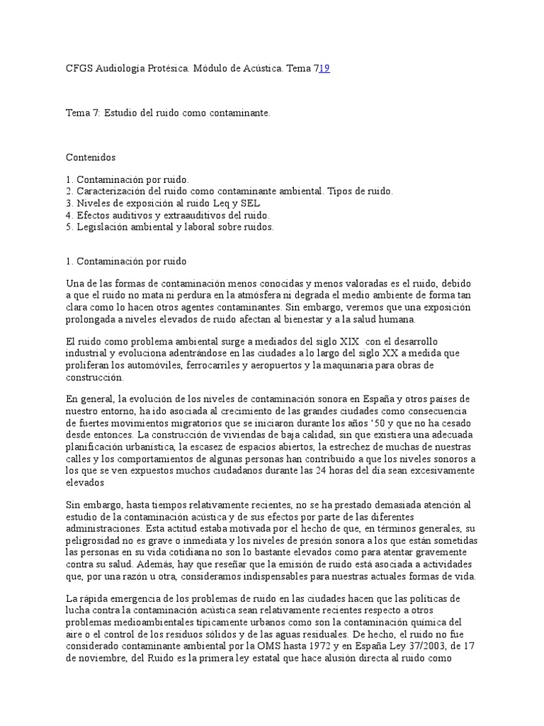 Tema 7 Ruido Ambiental Y Laboral Pdf Sonido Tinnitus