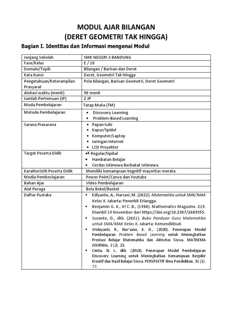 Siklus 3 Tini - Modul Ajar Deret Tak Hingga | PDF | Seni