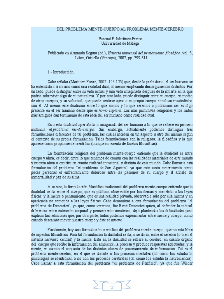 Del Problema Mente Cuerpo Al Prob Mente Cerebro Descargar Gratis