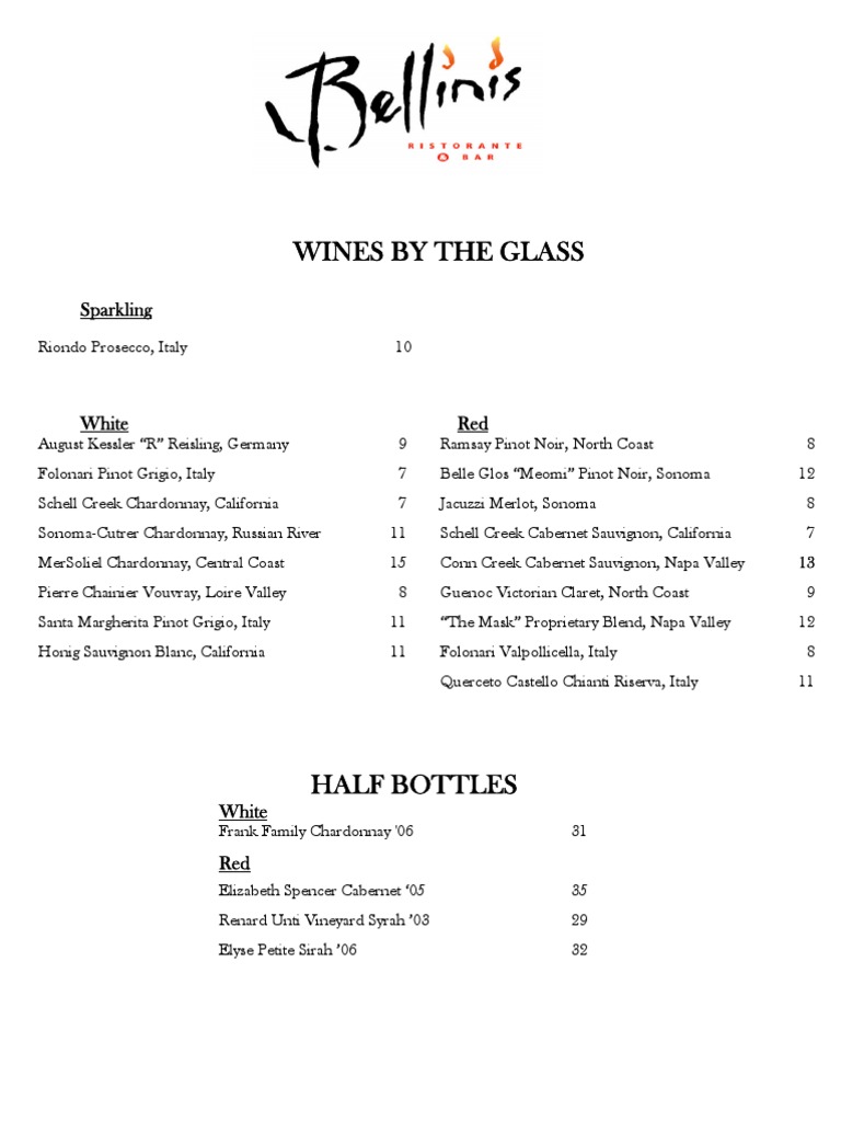 Bellinis Wine List PDF Crops Originating From Europe Fermented Drinks