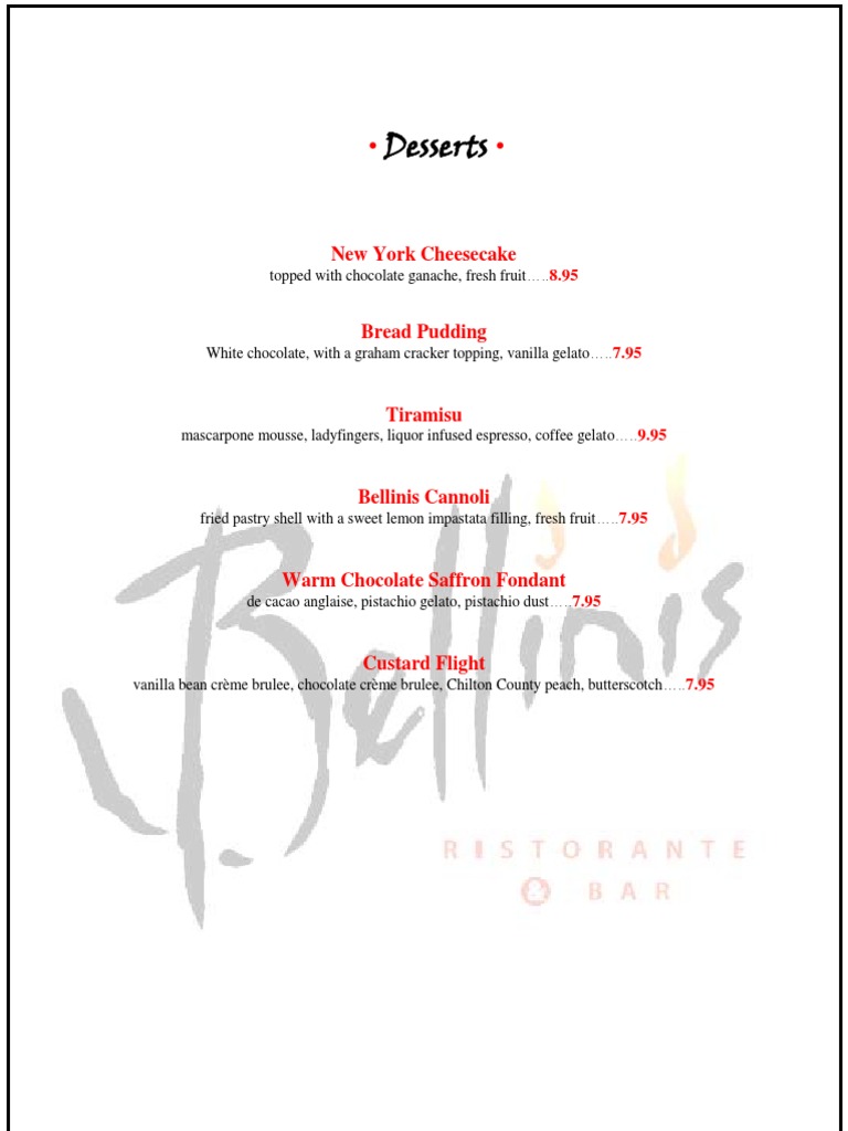 Bellini's Dessert Menu Highlights | PDF