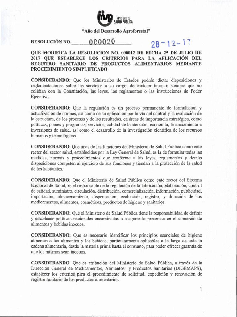 Resolución No. 000020 Criterios Optar Simplificado Alimentos | PDF