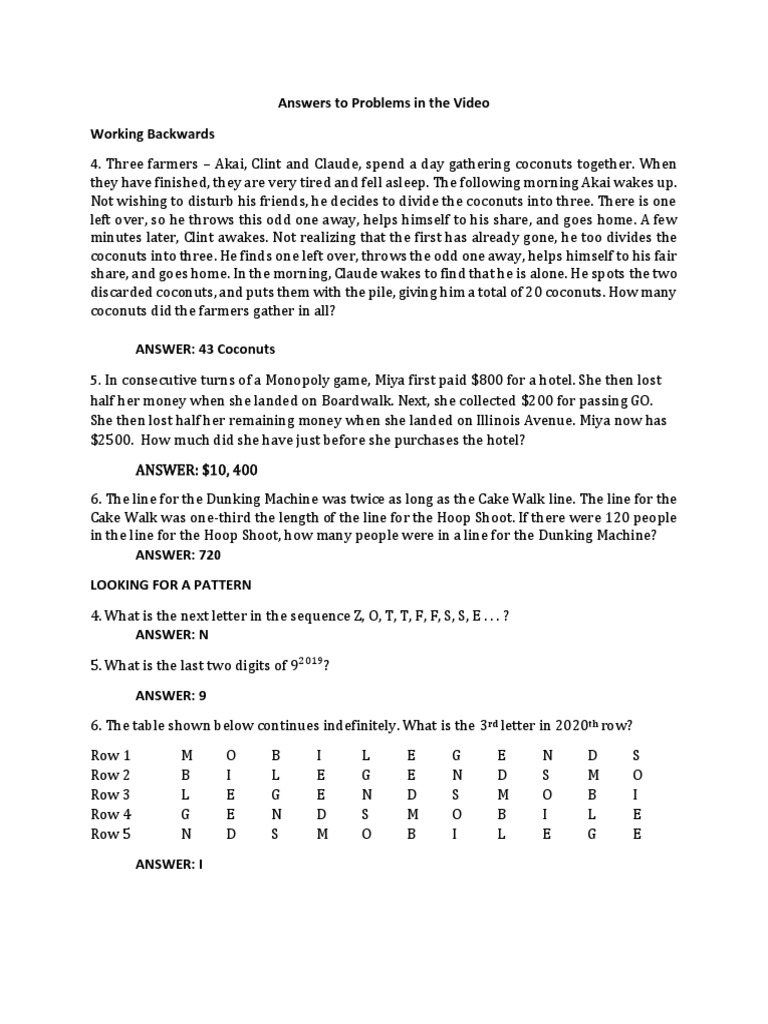 Answers To Problems in The Video | PDF | Numbers | Mathematical Objects