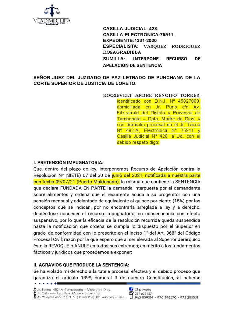 Apelacion de Alimentos PDF Pensión alimenticia Sentencia (ley)
