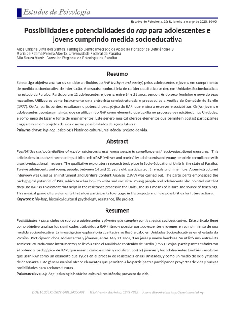 Possibilidades e Potencialidades Do RAP para Adolescentes Jovens ...