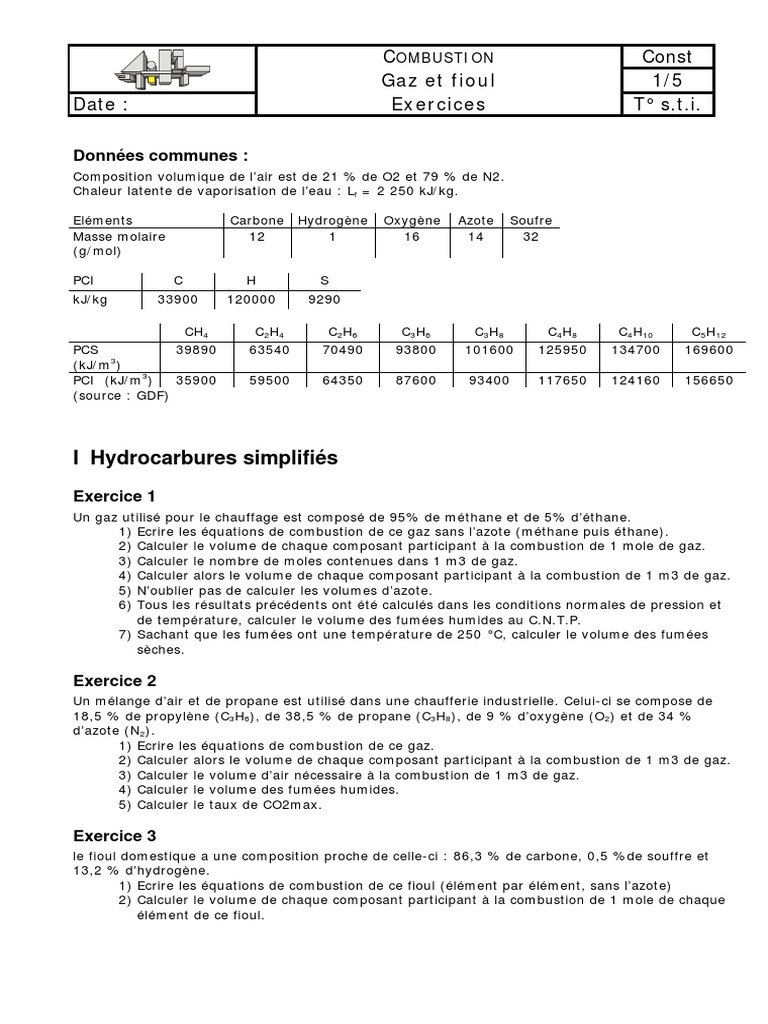 Exercices sur la combustion des combustibles | PDF | Fioul | Atmosphère ...
