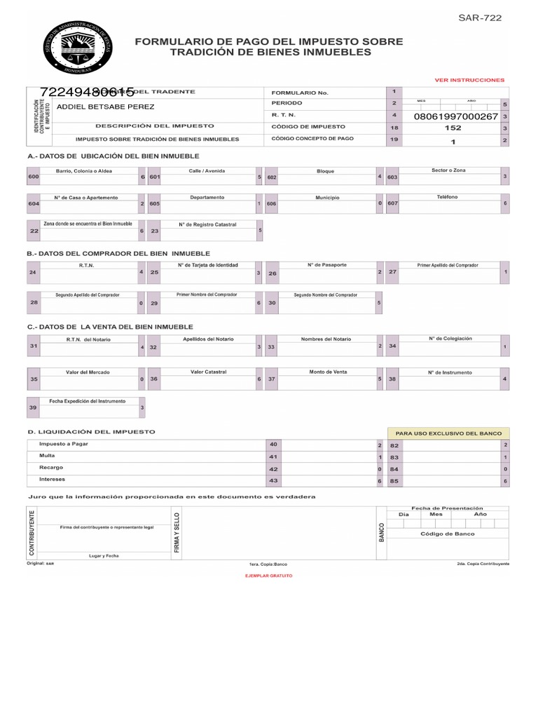 Formulario de Pago Del Impuesto Sobre Tradicion de Bienes Inmuebles PDF