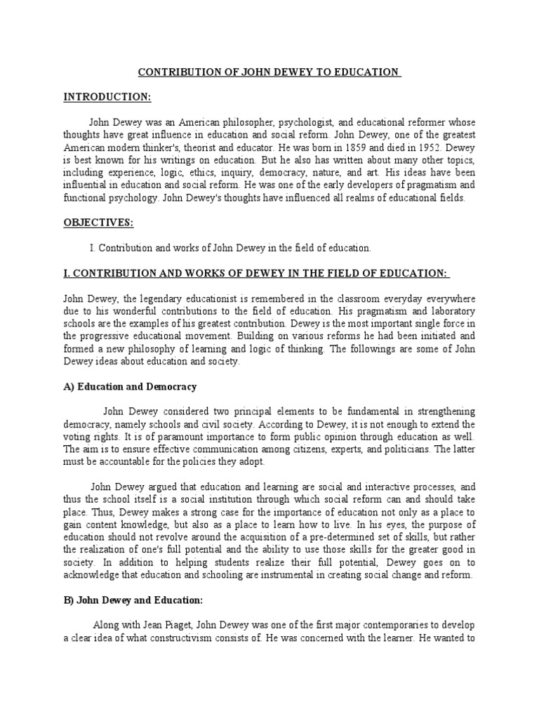 Contribution of John Dewey, To Education PDF John Dewey Pragmatism