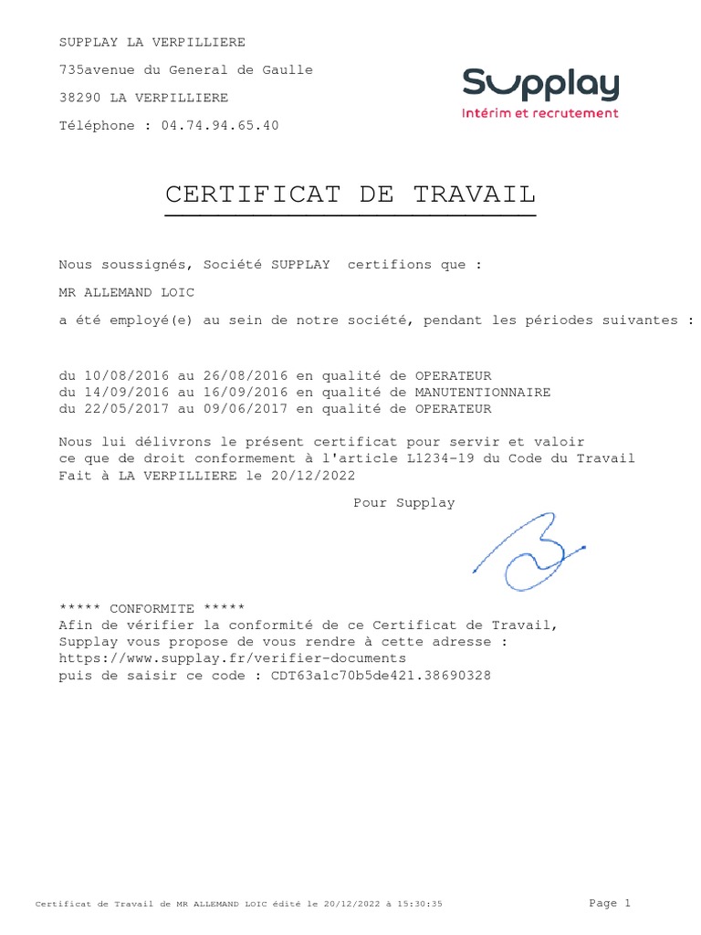 Supplay - Certificattravail 3801005176 ALLEMANDLOIC | PDF