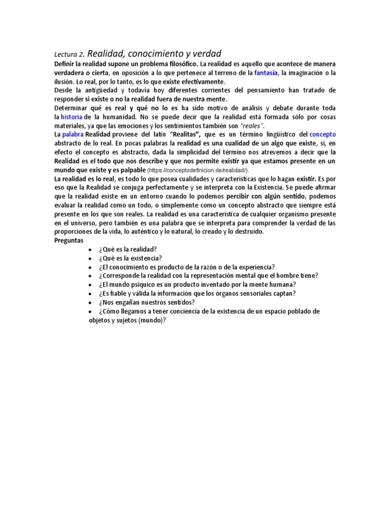 Lectura 2 - LA REALIDAD CONOCIMIENTO Y VERDAD | PDF
