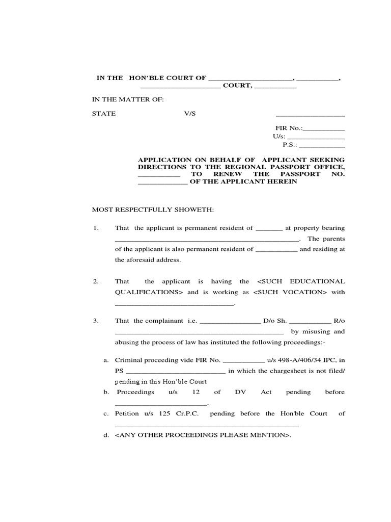Application Seeking Court Permission For Renewal of Passport PDF