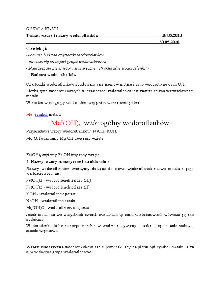 Wodorotlenki Klasa 7 Zadania CHEMIA KL 7 Wodorotlenki 19 20-05.20 | PDF