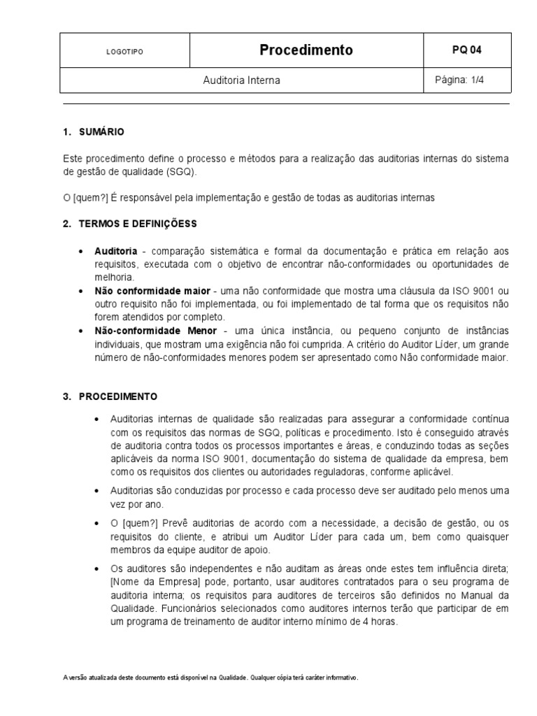 Procedimento de Auditoria Interna SGQ | PDF | Tecnologia e Engenharia