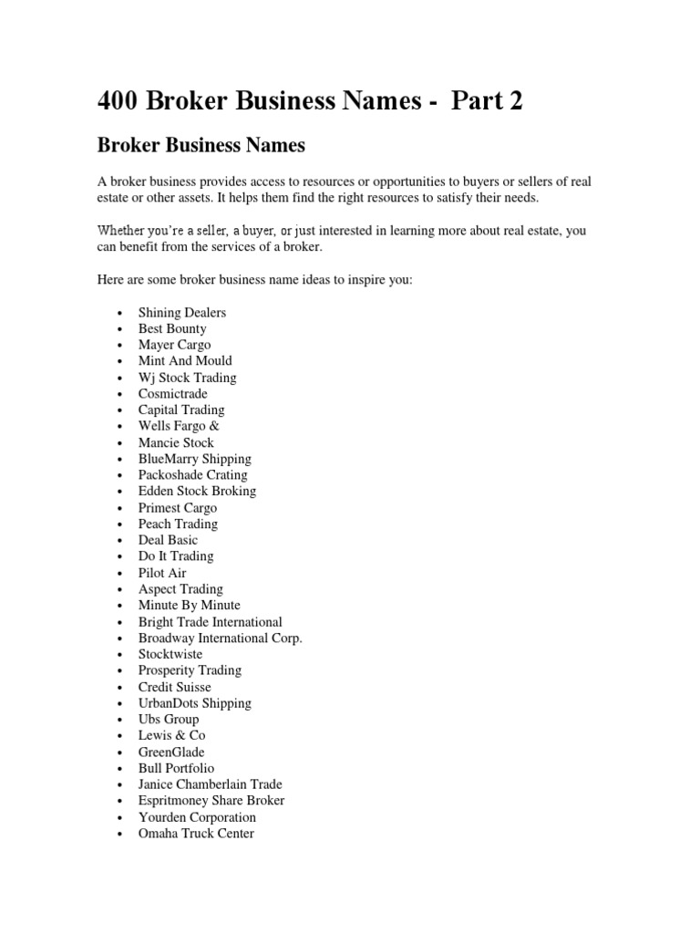 400 Broker Business Names Part 2 PDF Stocks Cargo