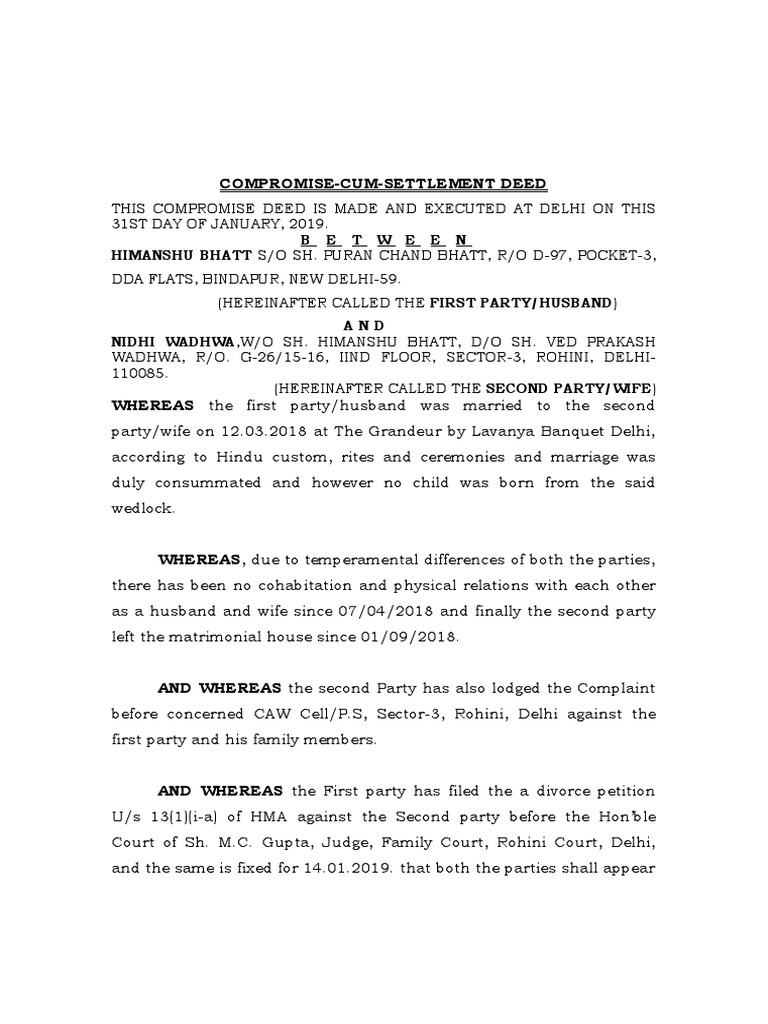 Compromise Deed for Divorce Settlement | PDF | Divorce | Alimony