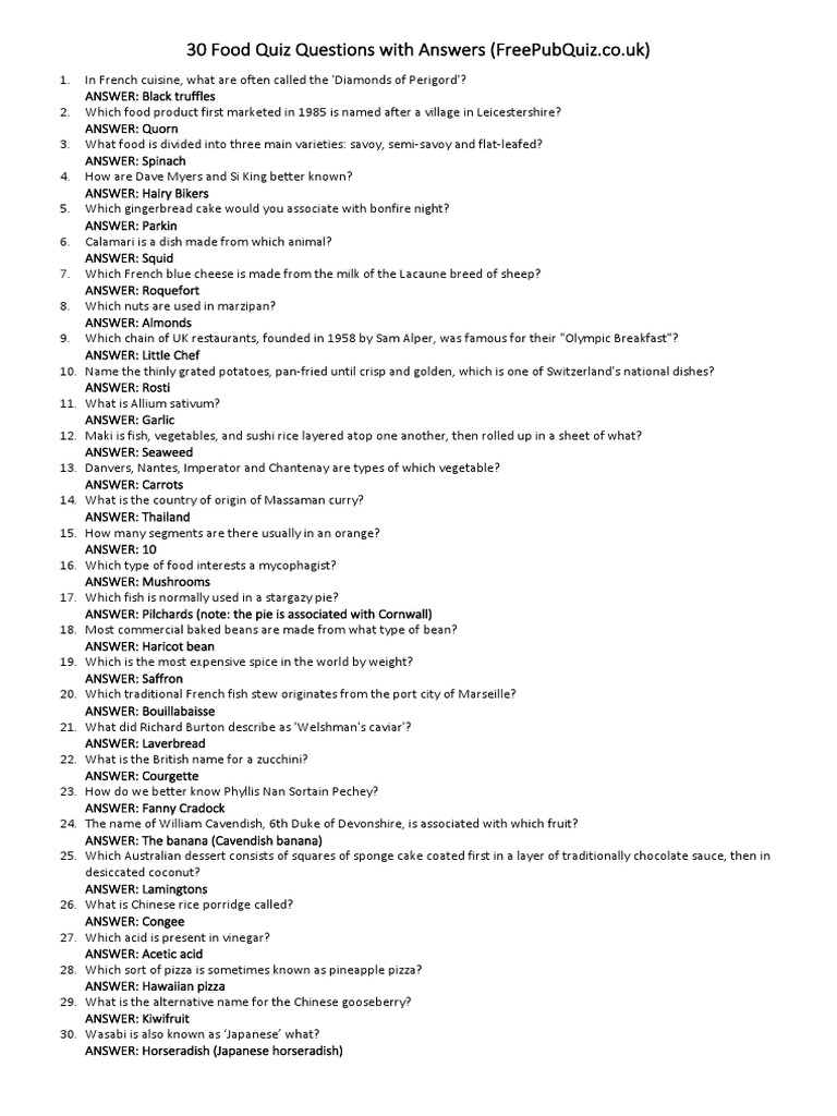 Printable Food Quiz and Answers PDF Sushi Cooking