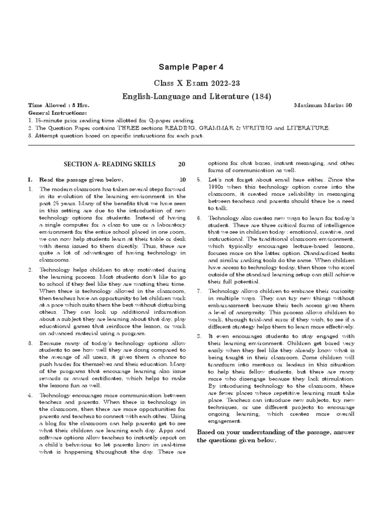 CBSE Class X English Sample Paper 4 | PDF | Classroom | Teachers
