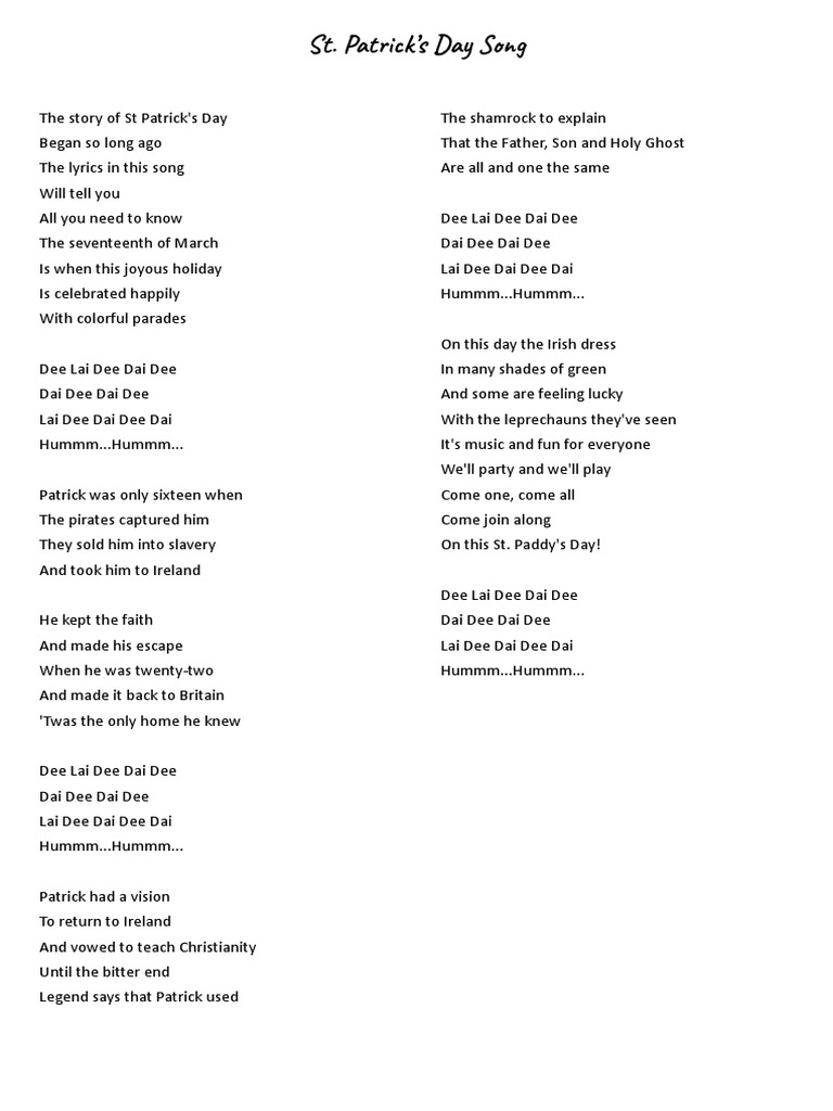 St Patrick S Day Song Pdf