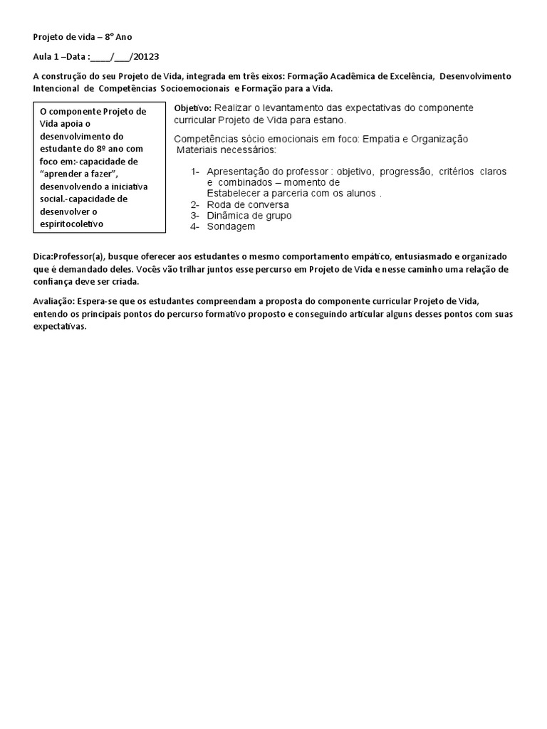 Aula 1 Projeto de Vida - 8 Ano | PDF