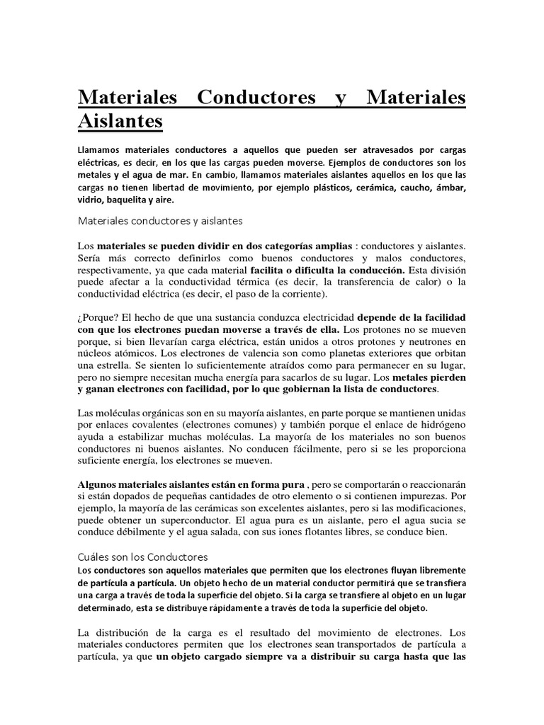 Materiales Conductores y Materiales Aislantes | PDF | Electricidad ...