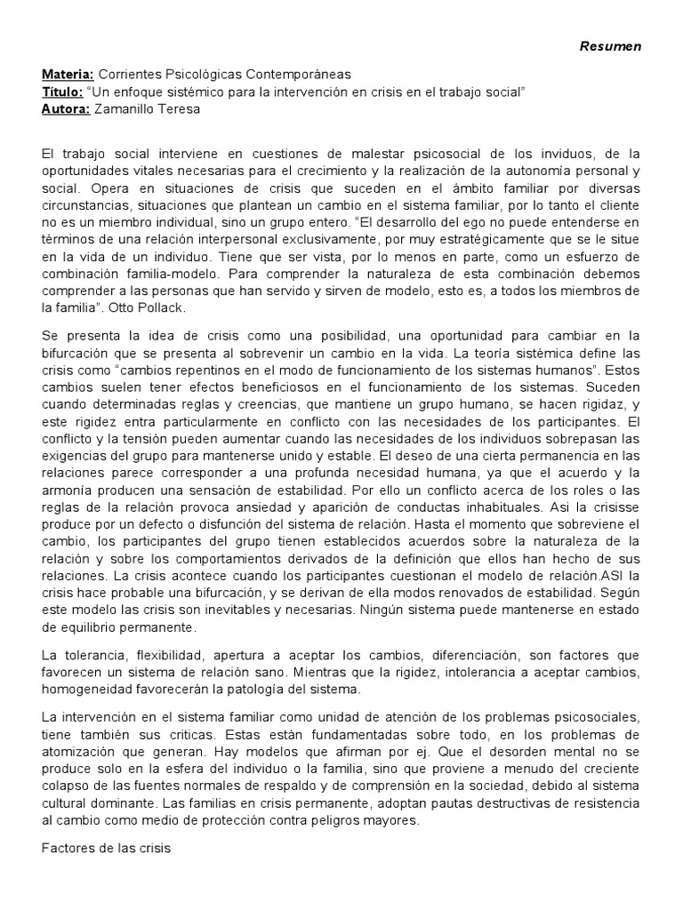 Resumen Enfoque Sistemico en TS ZAMANILLO PDF Trabajo Social