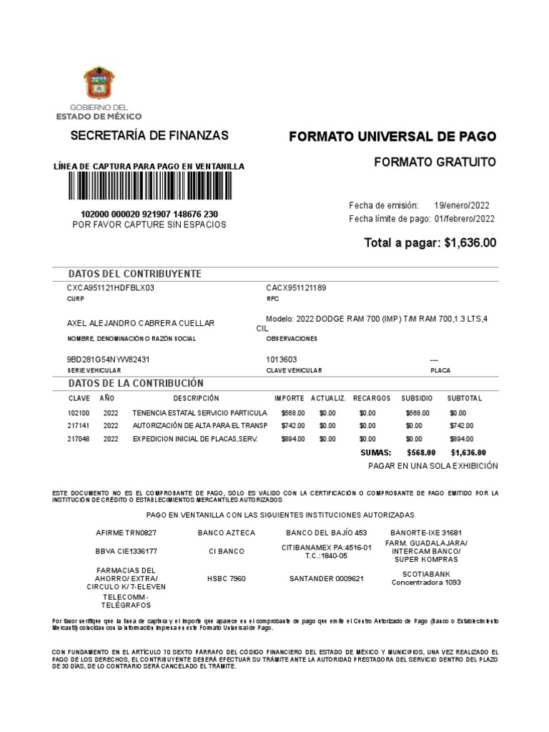 Formato Universal de Pago 2022 | PDF | Dinero | Bancos