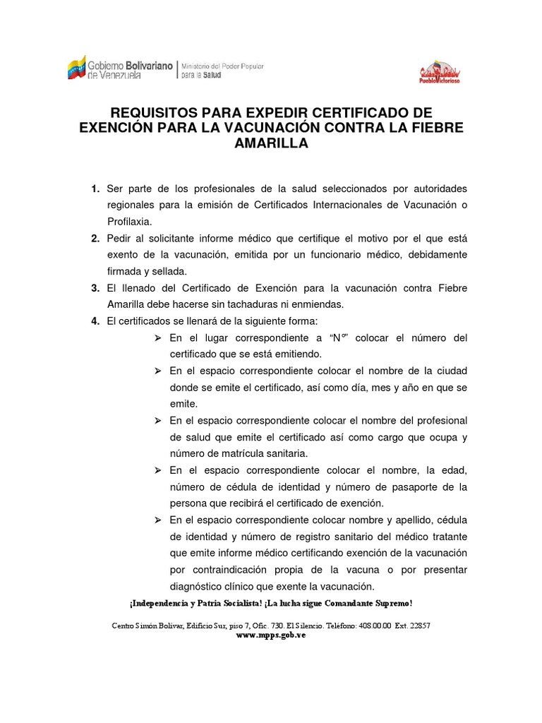 Requisitos para Certificado de Exención Fiebre Amarilla | PDF ...