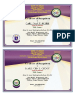 Certificate of Recognition by Quarter With Honors