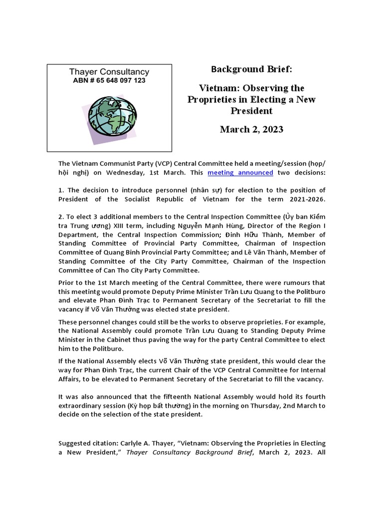 Thayer Vietnam Observing The Properties in Electing A New President