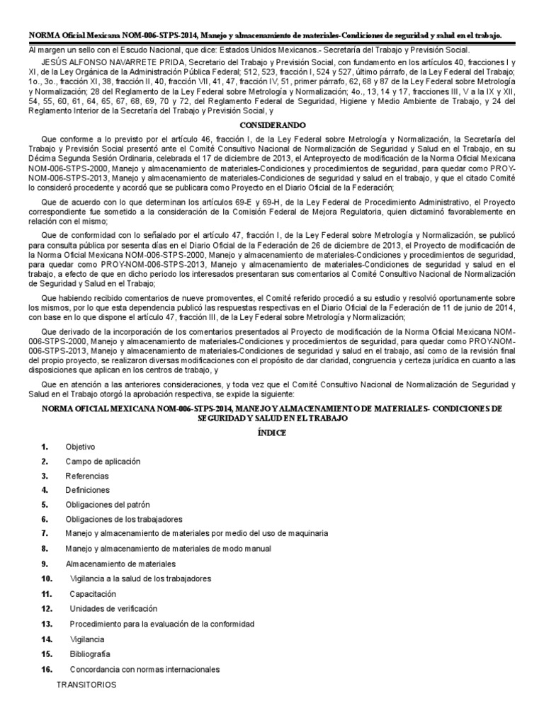 Nom-006-Stps-2014, Manejo y Almacenamiento de Materiales | PDF ...