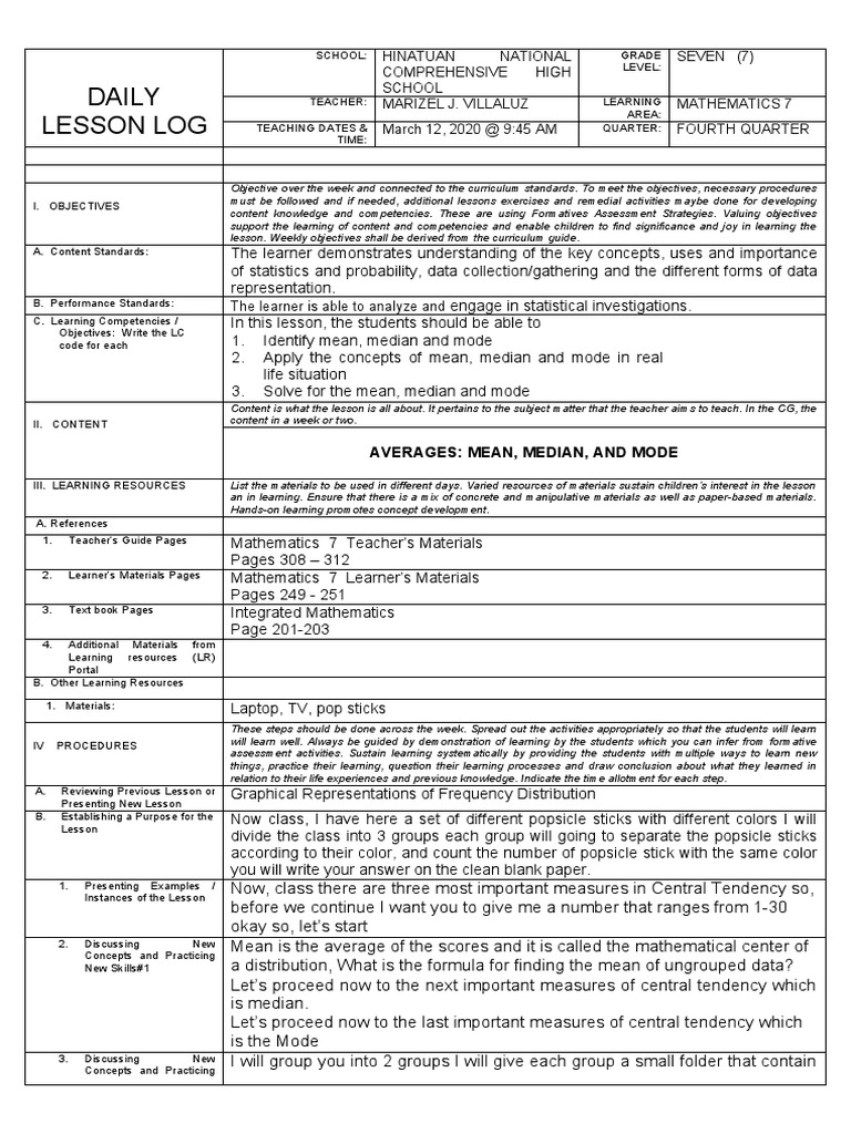 Lesson Plan: Mean, Median, Mode Activity | PDF | Learning | Educational ...