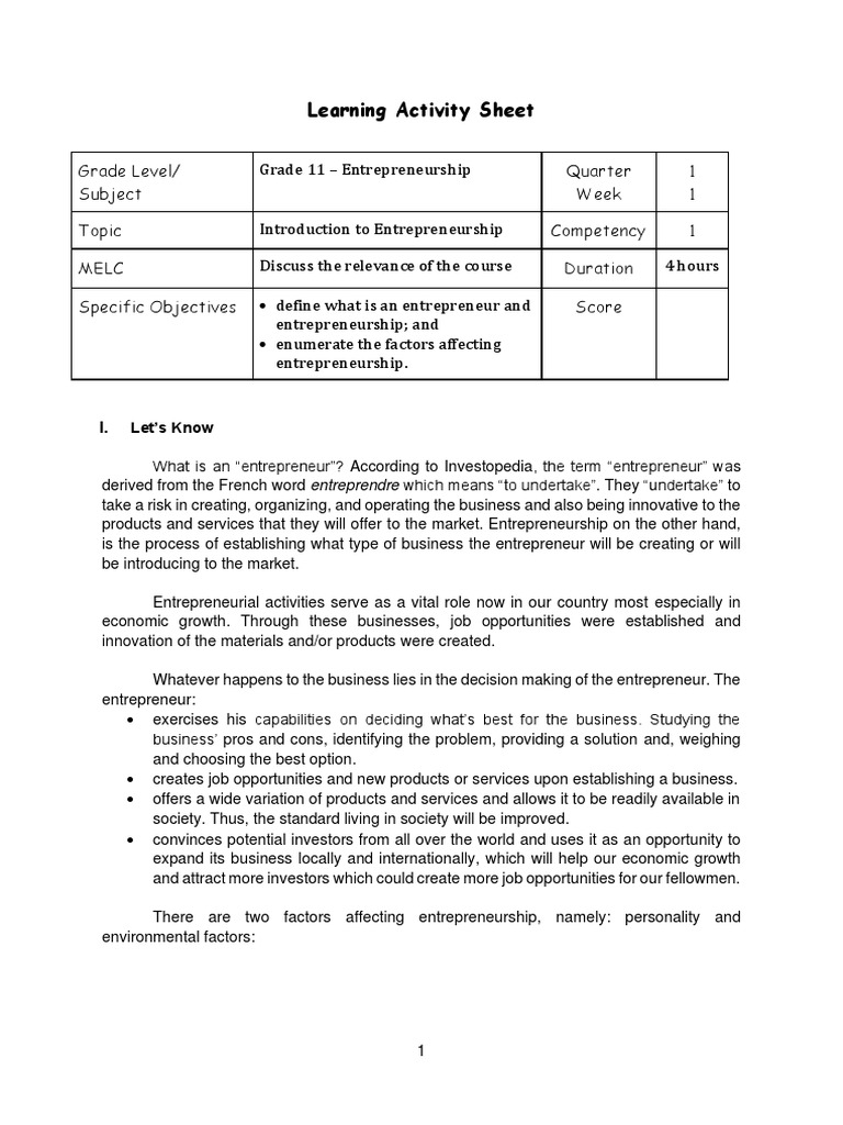Q1 Las Entrepreneurship 11 Week 1 Comp1 Pdf Entrepreneurship Risk