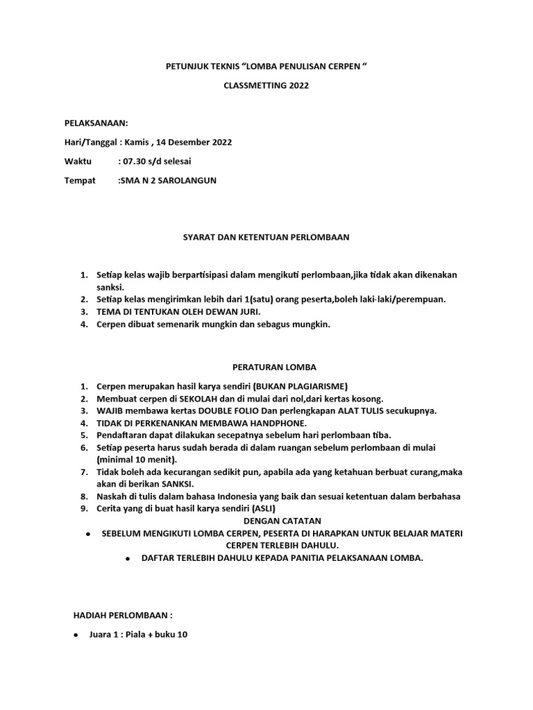 Juknis Lomba Cerpen Classmetting | PDF