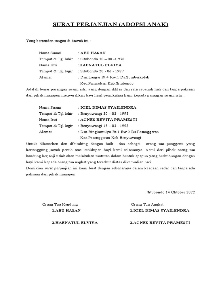 Surat Perjanjian (Adopsi Anak) | PDF