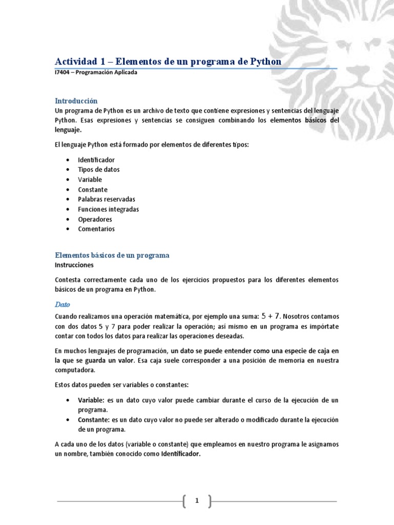 Elementos Básicos de un Programa en Python | PDF | Programa de ...