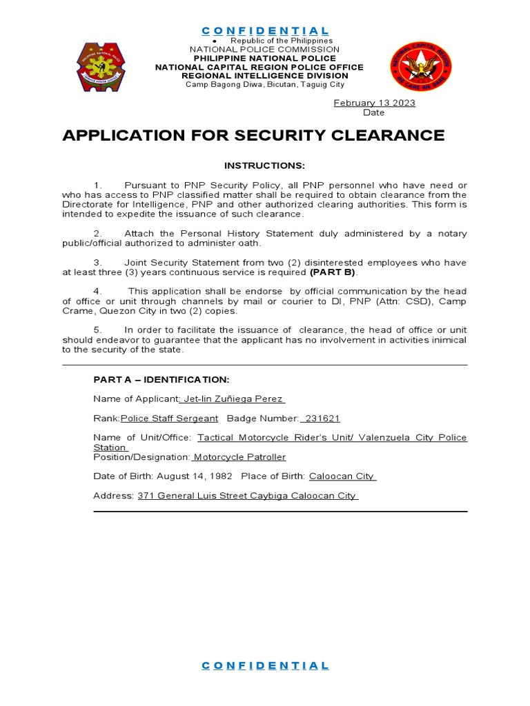 PNP Intelligence Clearance Application | PDF | Security Clearance ...