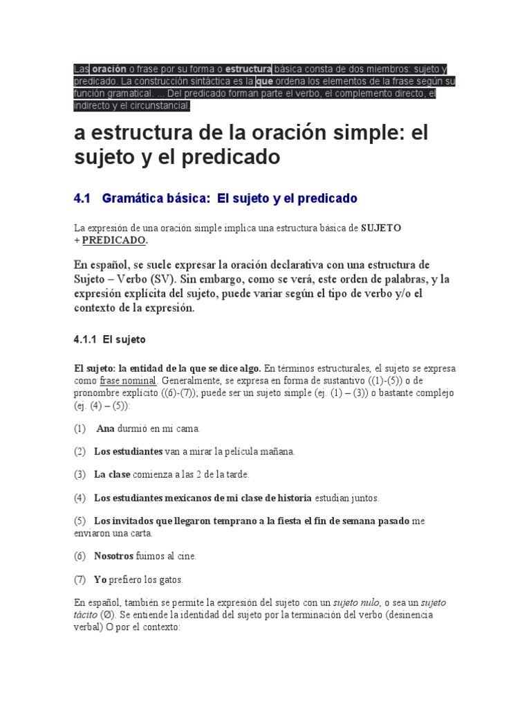 Estructura de la oración en español | PDF | Asunto (gramática) | Verbo