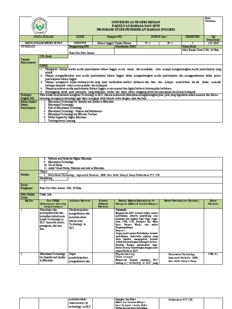 RPS Teknologi dalam Pembelajaran ELT | PDF | Seni