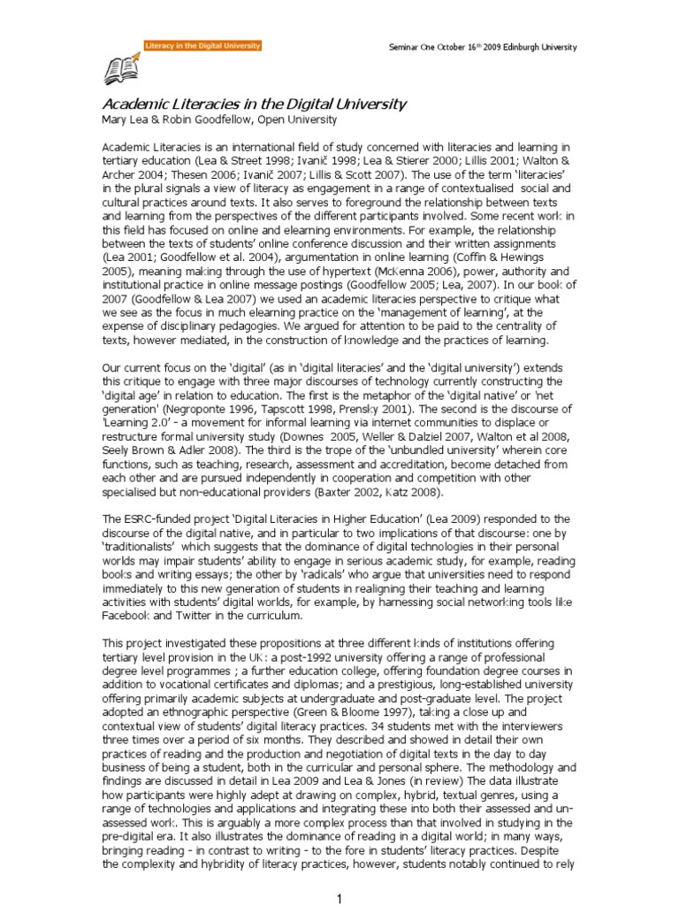 Academic Literacies in The Digital University 2009 | PDF | Educational ...