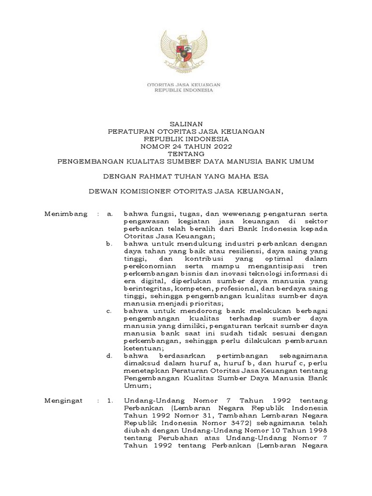 POJK+24 Tahun 2022+pengembangan Kualitas Sumber Daya Manusia Bank Umum+ ...