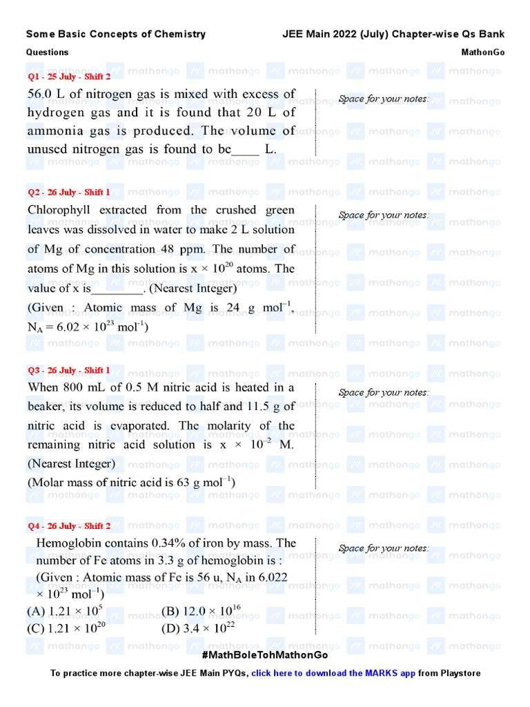 SOME BASIC CONCEPTS OF CHEMISTRY NUMERICALS PDF visual data 7