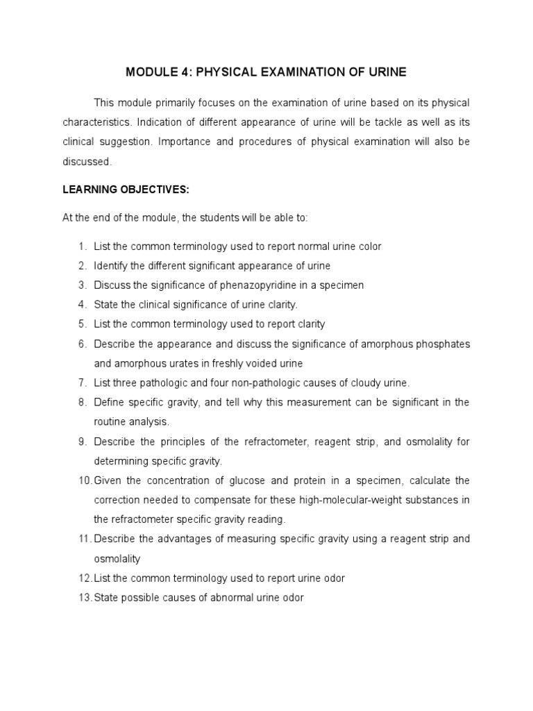 AUBF Lec Week4 Physical Examination of Urine PDF Urine Medical Specialties