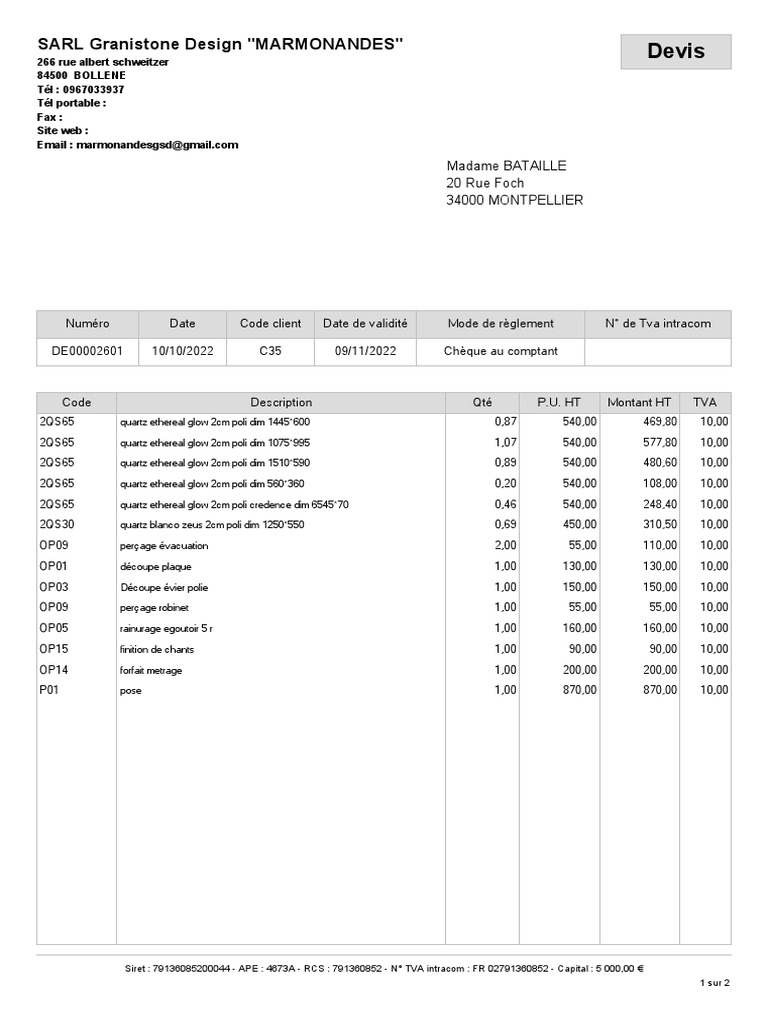 Devis Granistone Design : Quartz et Services | PDF | Taxe sur la valeur ...