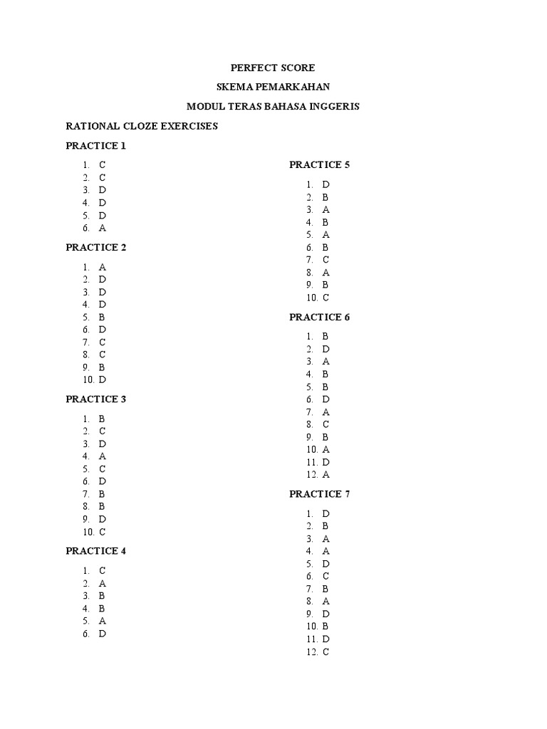 Perfect Score Exam Answer Key | PDF