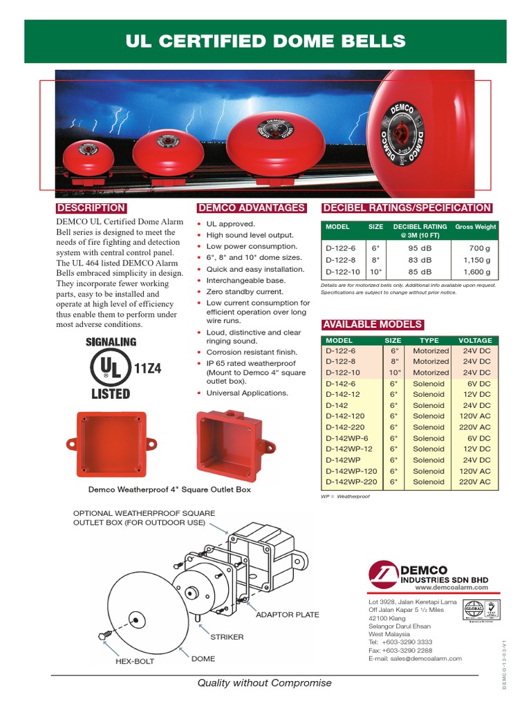 Falcon DEMCO Fire Alarm Bell (Weatherproof Type) PDF Power (Physics