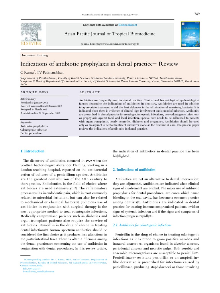 Antibiotic Prophylaxis in Dentistry A Review of the Indications and Appropriate Use of